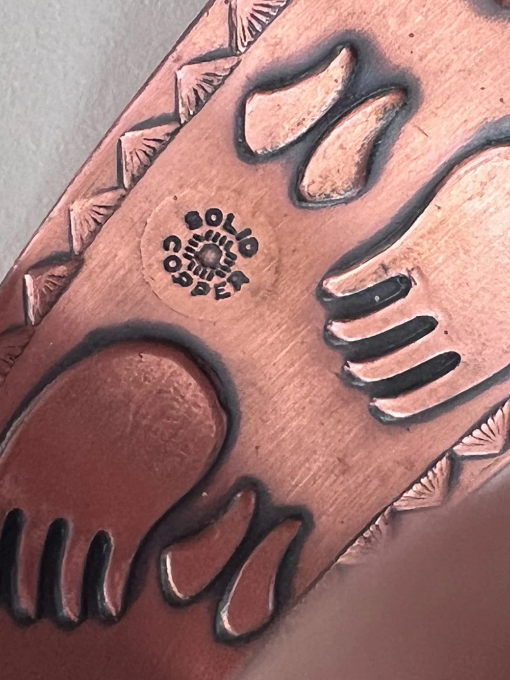 Solid Copper Bracelet Vintsge Bell signed animal paw print deer elk bear rare